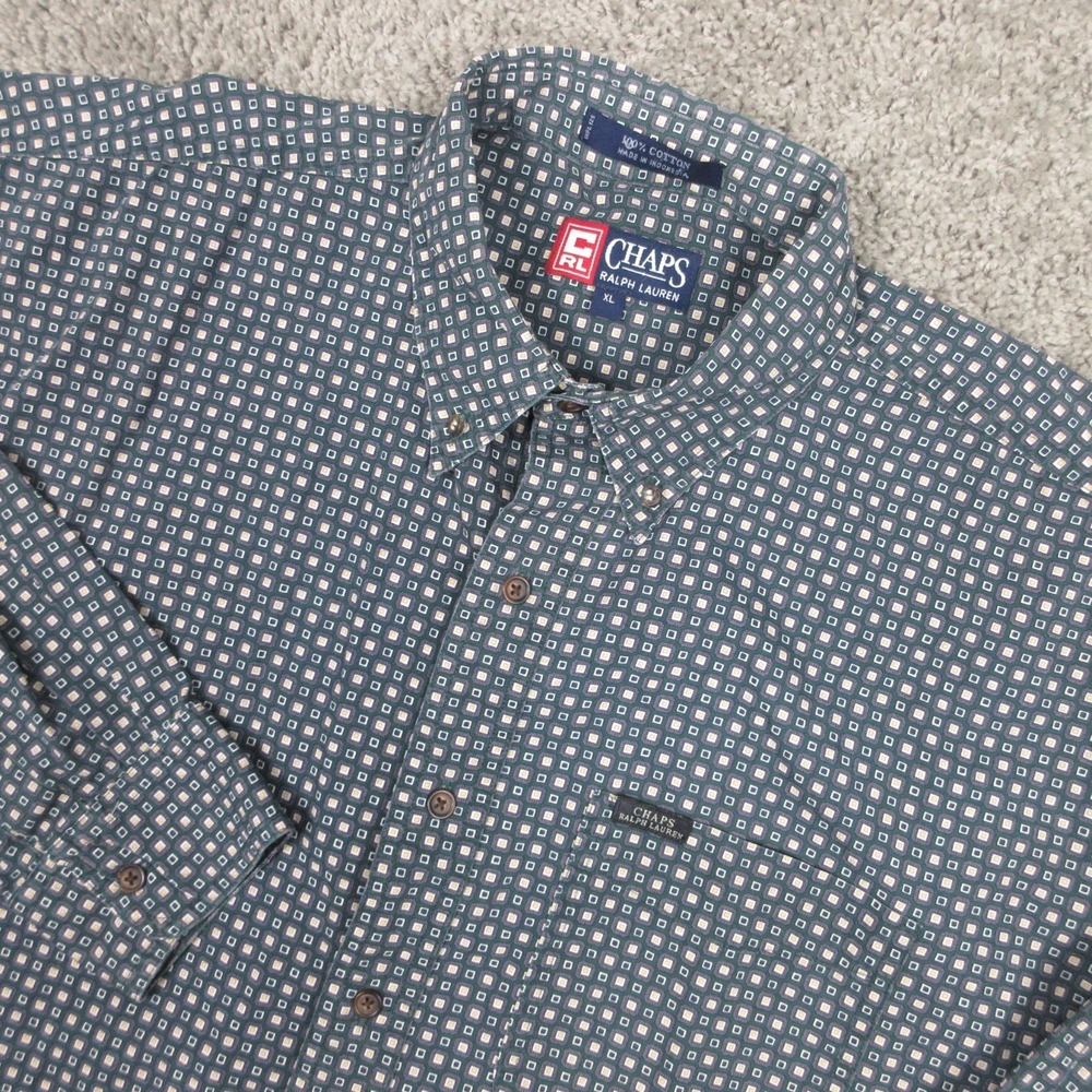 Vintage Chaps Ralph Lauren Shirt Mens XL Green Geometric Pocket Cotton Button Up